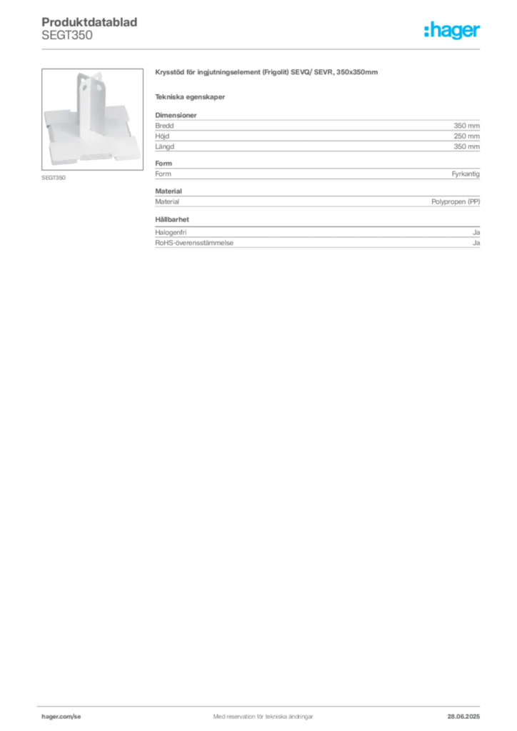 Bild Hager Produktdatablad SEGT350 | Hager Sverige