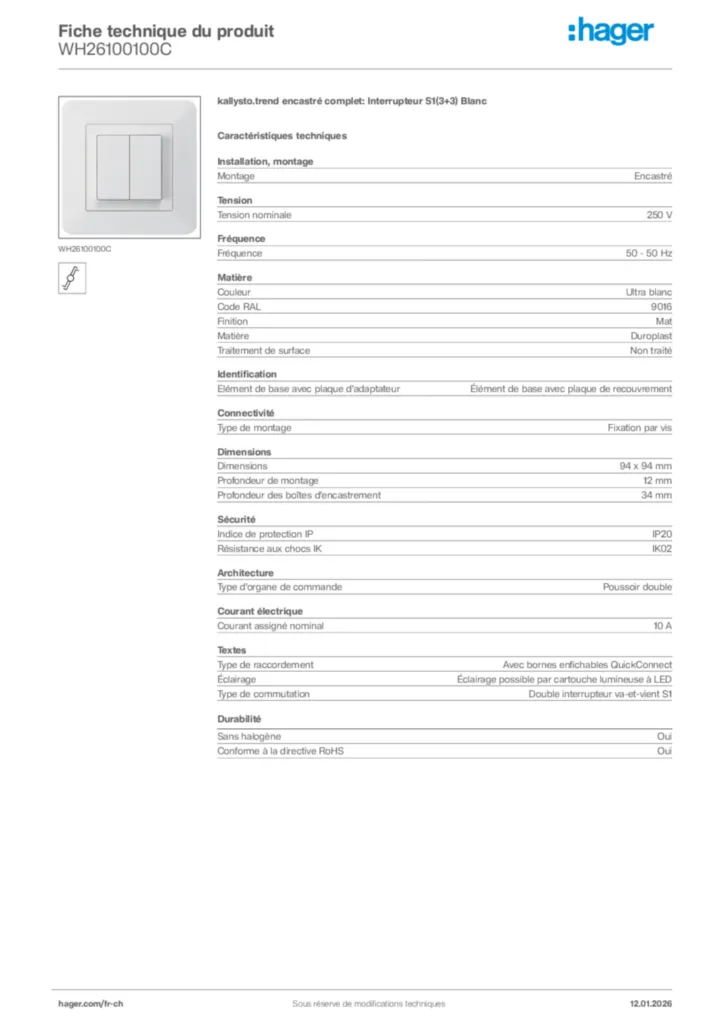 Image Hager Fiche technique du produit WH26100100C | Hager Suisse