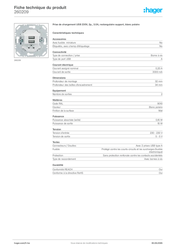 Image Hager Fiche technique du produit 260209 | Hager Belgique