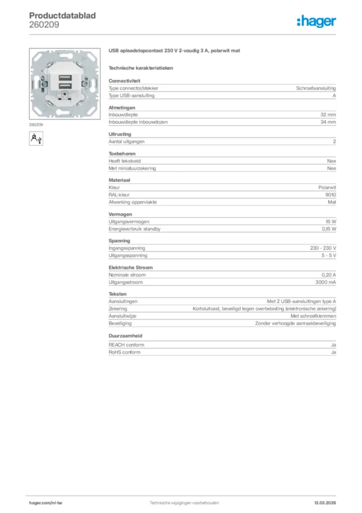 Afbeelding Hager Productdatablad 260209 | Hager Belgium