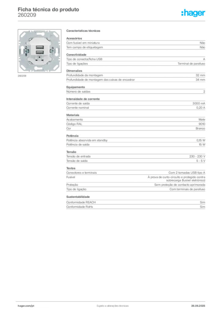 Imagem Hager Ficha técnica do produto 260209 | Hager Portugal