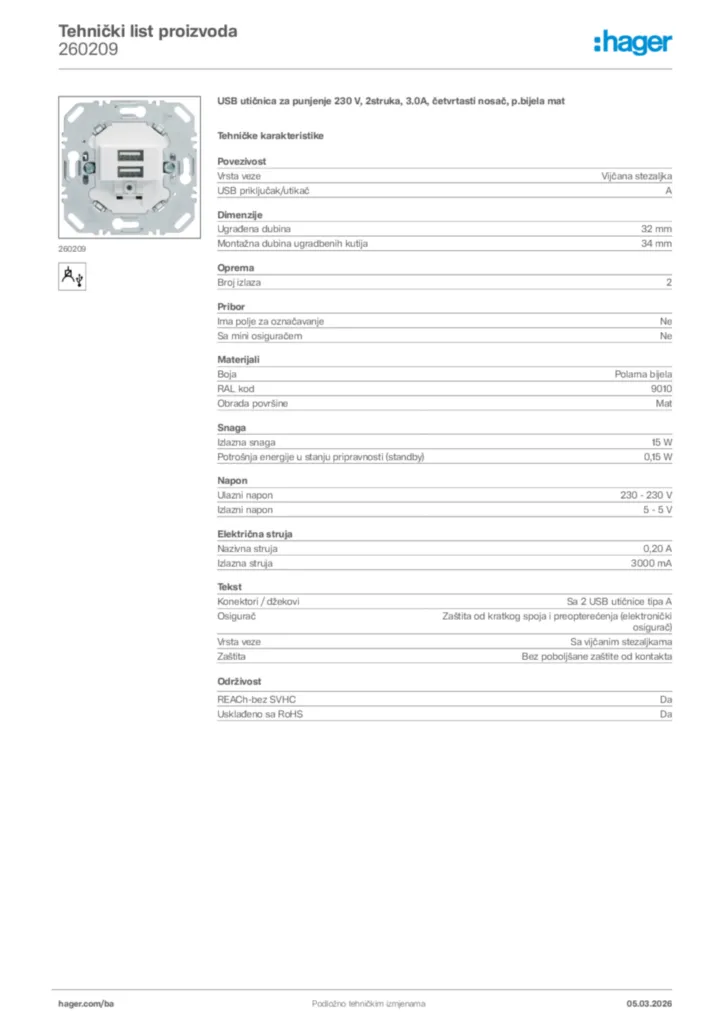Slika Hager Tehnički list proizvoda 260209  | Hager