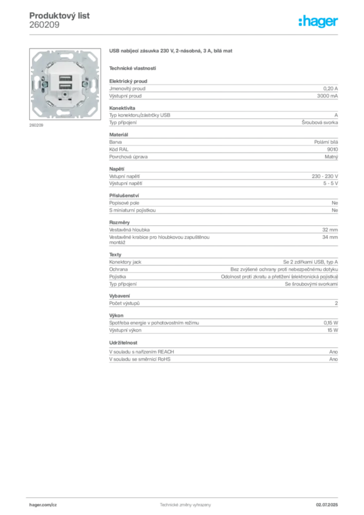 Obrázek Hager Produktový list 260209 | Hager