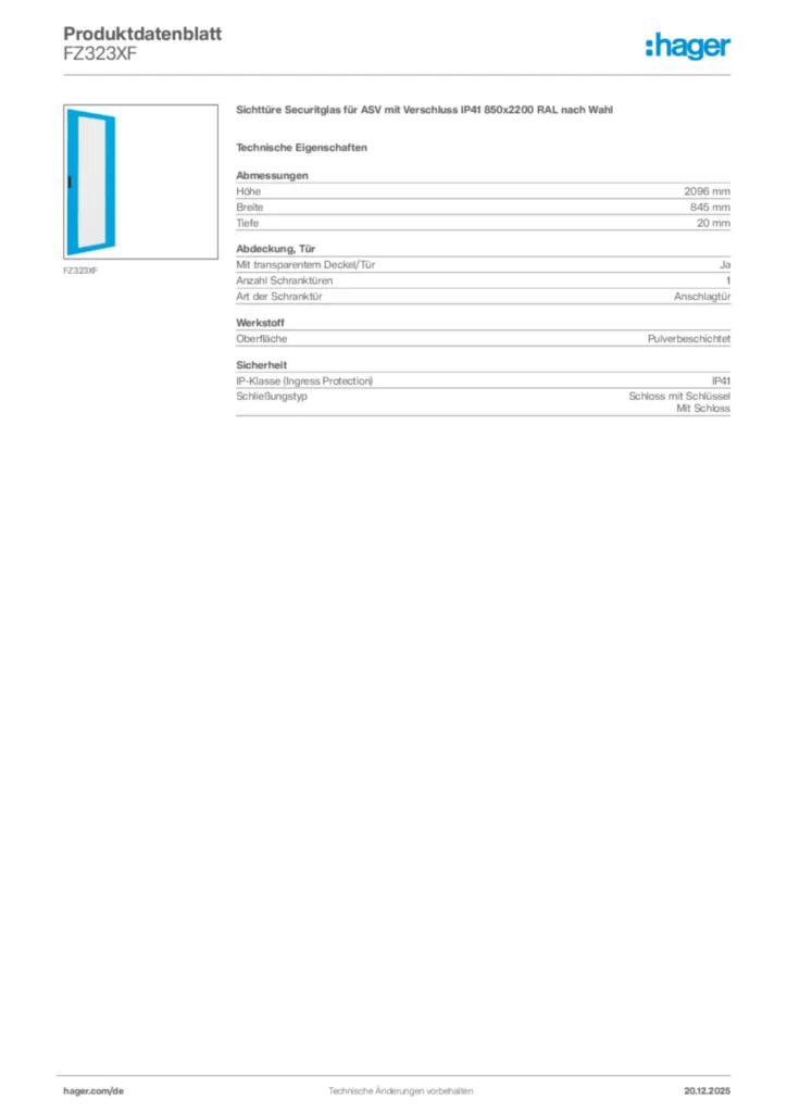 Bild Hager Produktdatenblatt FZ323XF | Hager Deutschland