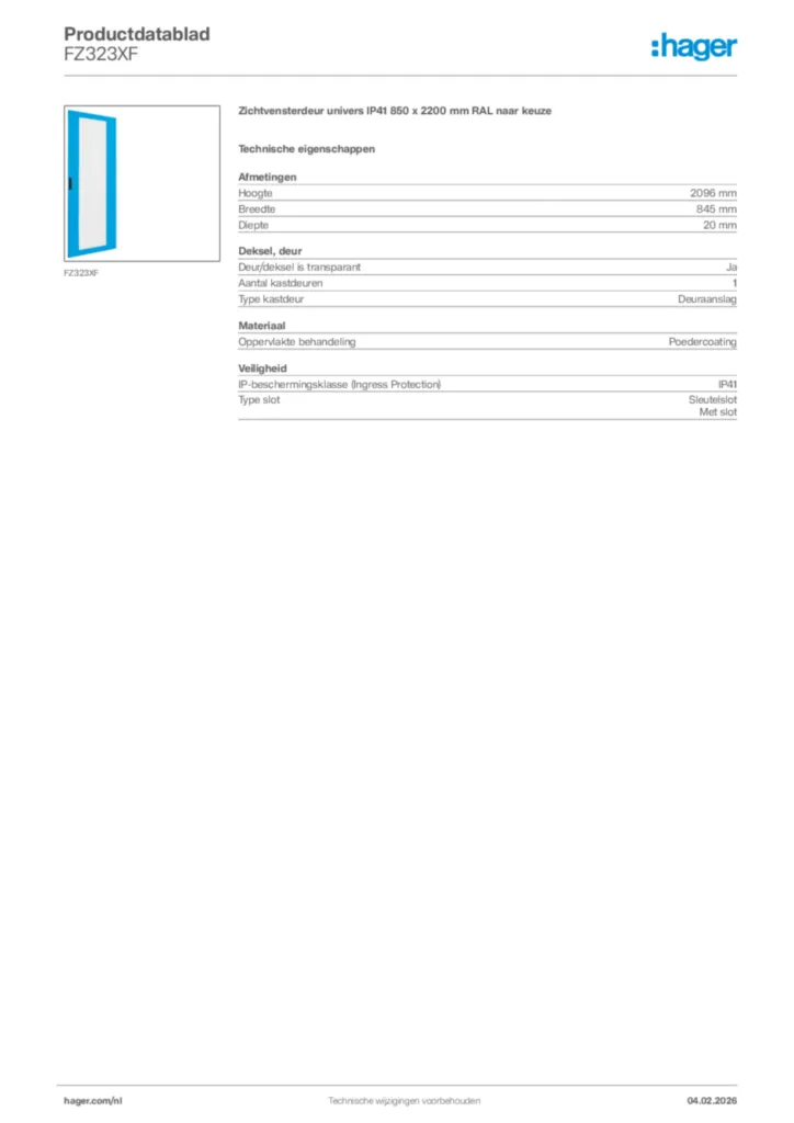Afbeelding Hager Productdatablad FZ323XF | Hager Nederland