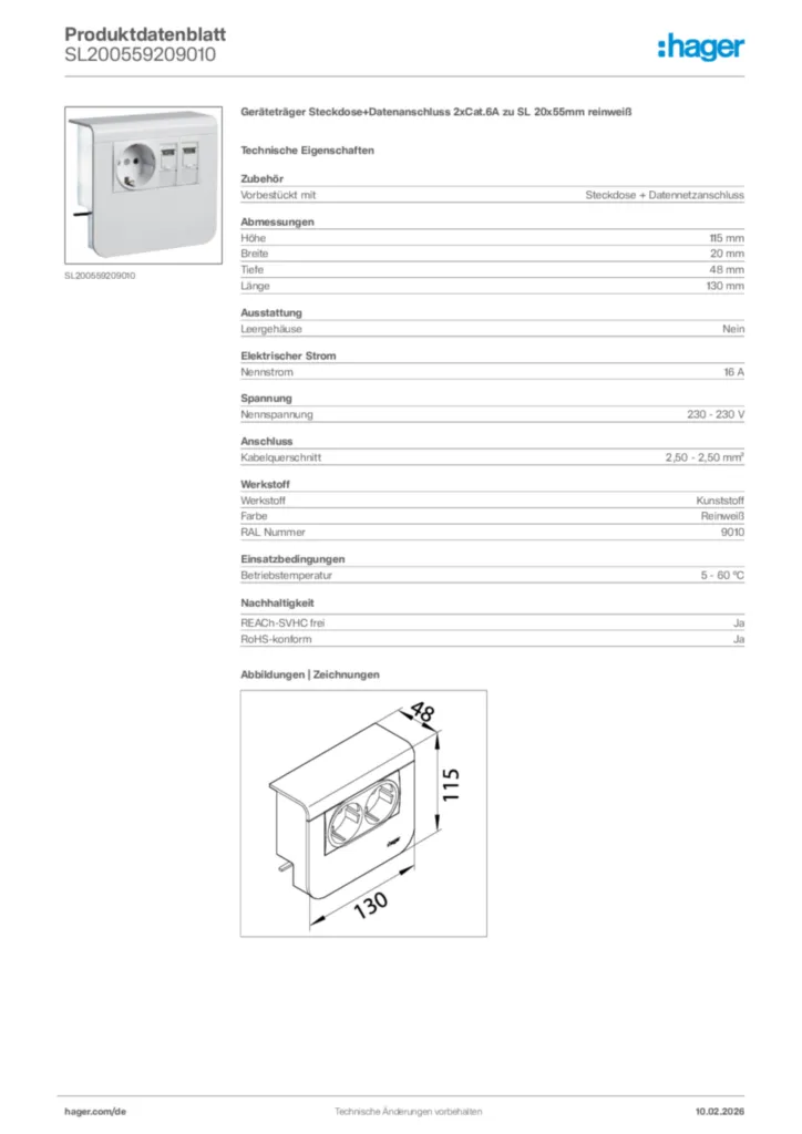 Bild Hager Produktdatenblatt SL200559209010 | Hager Deutschland