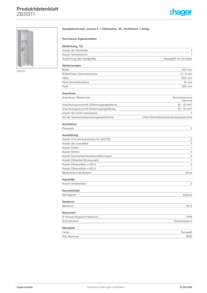 Bild Hager Produktdatenblatt ZB313T1 | Hager Deutschland