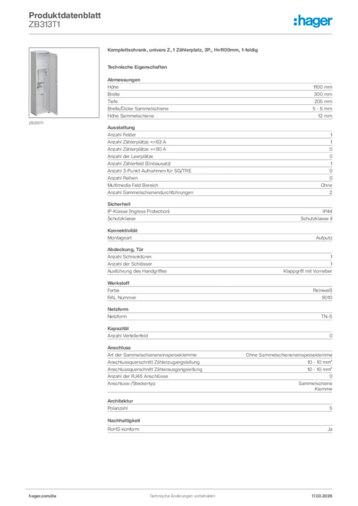 Bild Hager Produktdatenblatt ZB313T1 | Hager Deutschland
