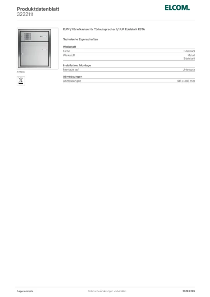 Bild Elcom Produktdatenblatt 3222111 | Hager Deutschland