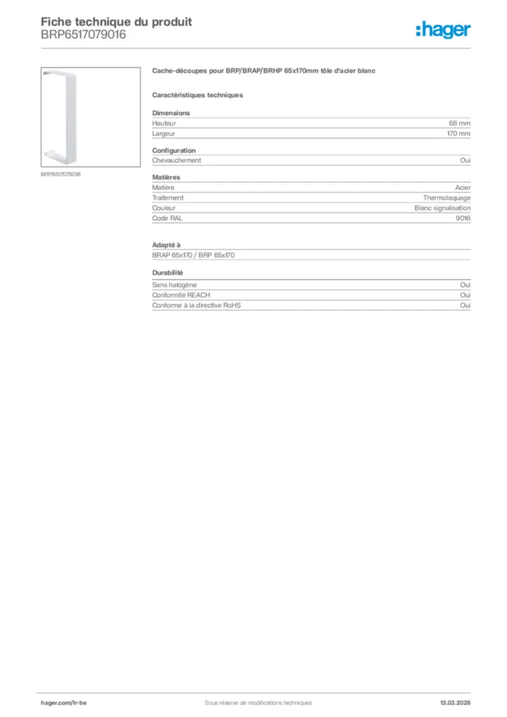 Image Hager Fiche technique du produit BRP6517079016 | Hager Belgique
