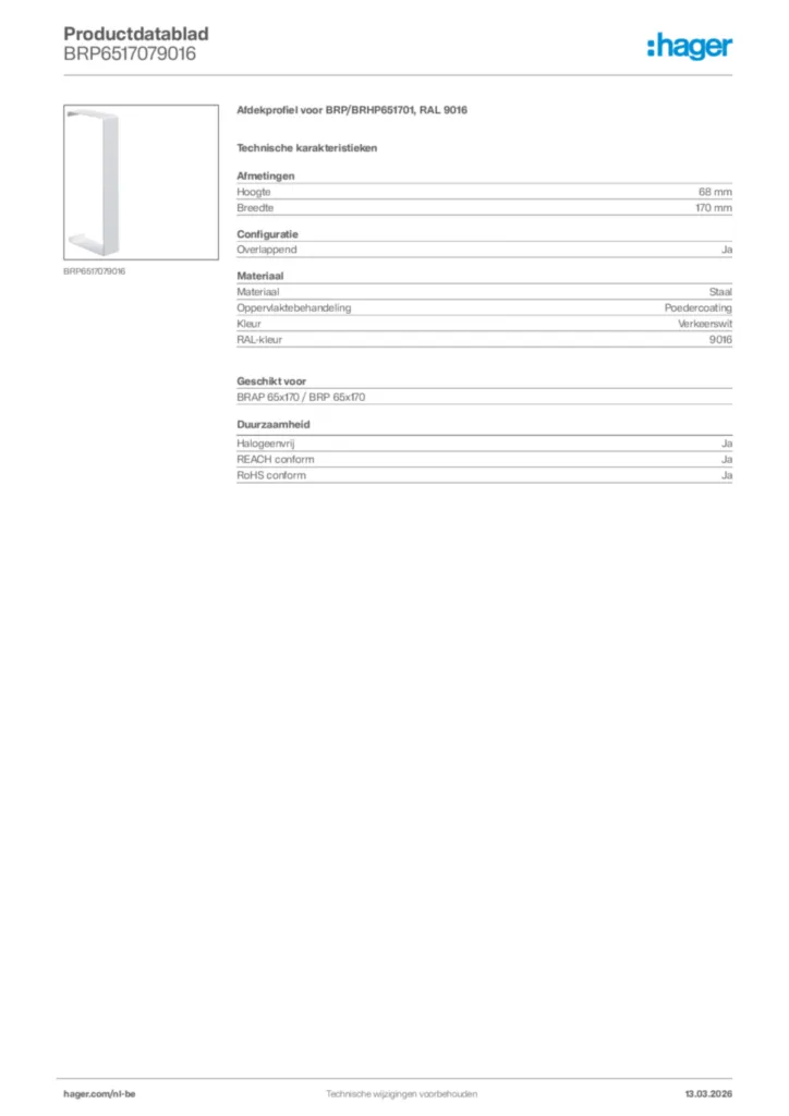 Afbeelding Hager Productdatablad BRP6517079016 | Hager Belgium