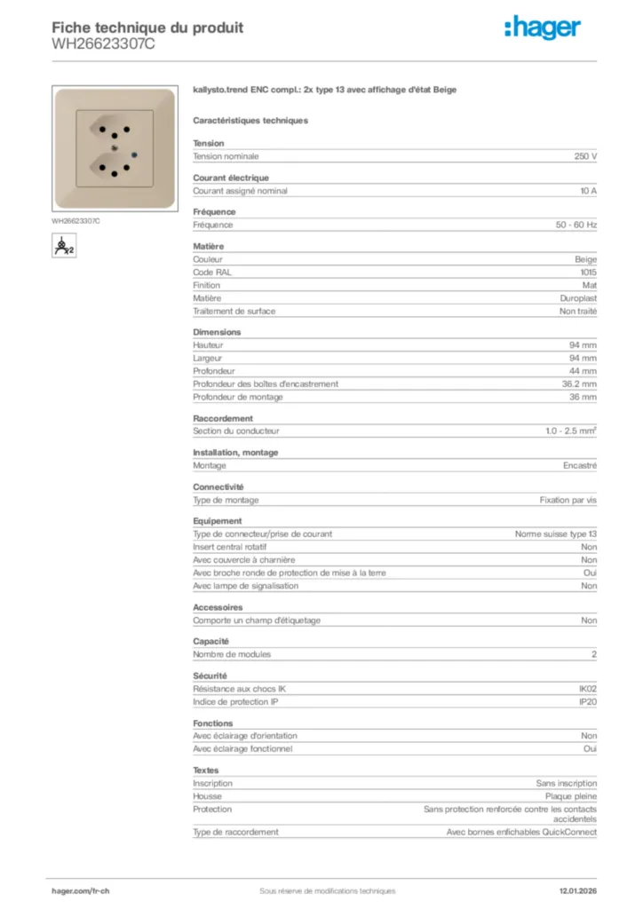 Image Hager Fiche technique du produit WH26623307C | Hager Suisse