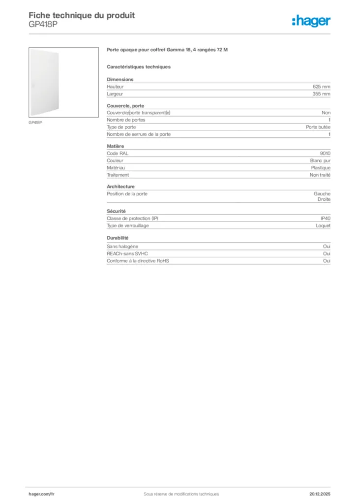 Image Hager Fiche technique du produit GP418P | Hager France