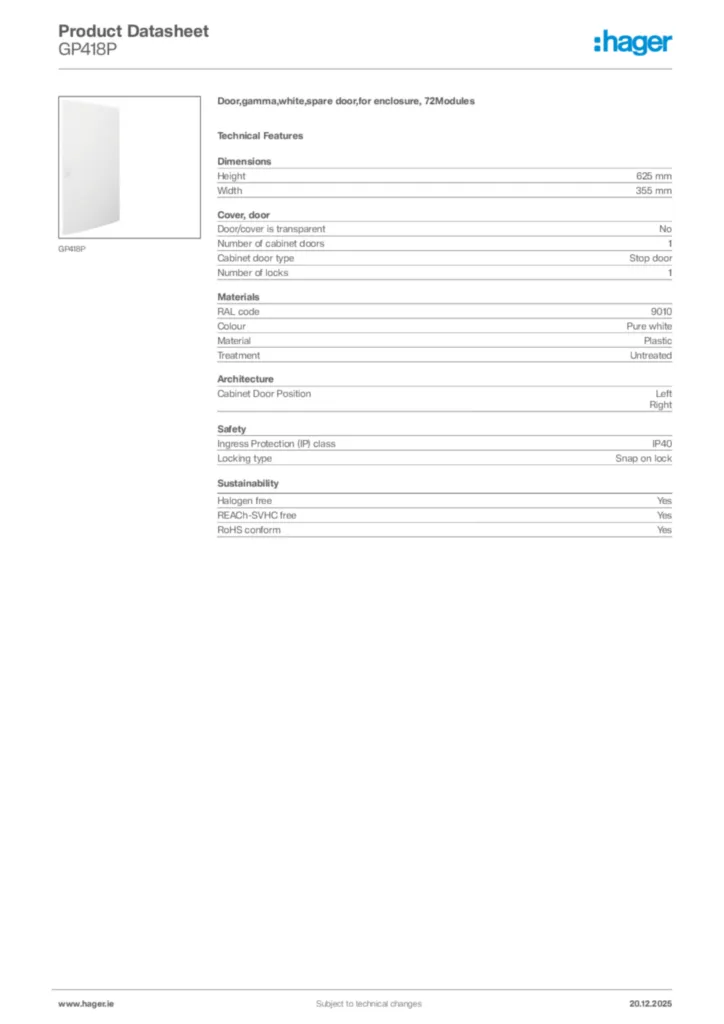 Image Hager Product data sheet GP418P  | Hager