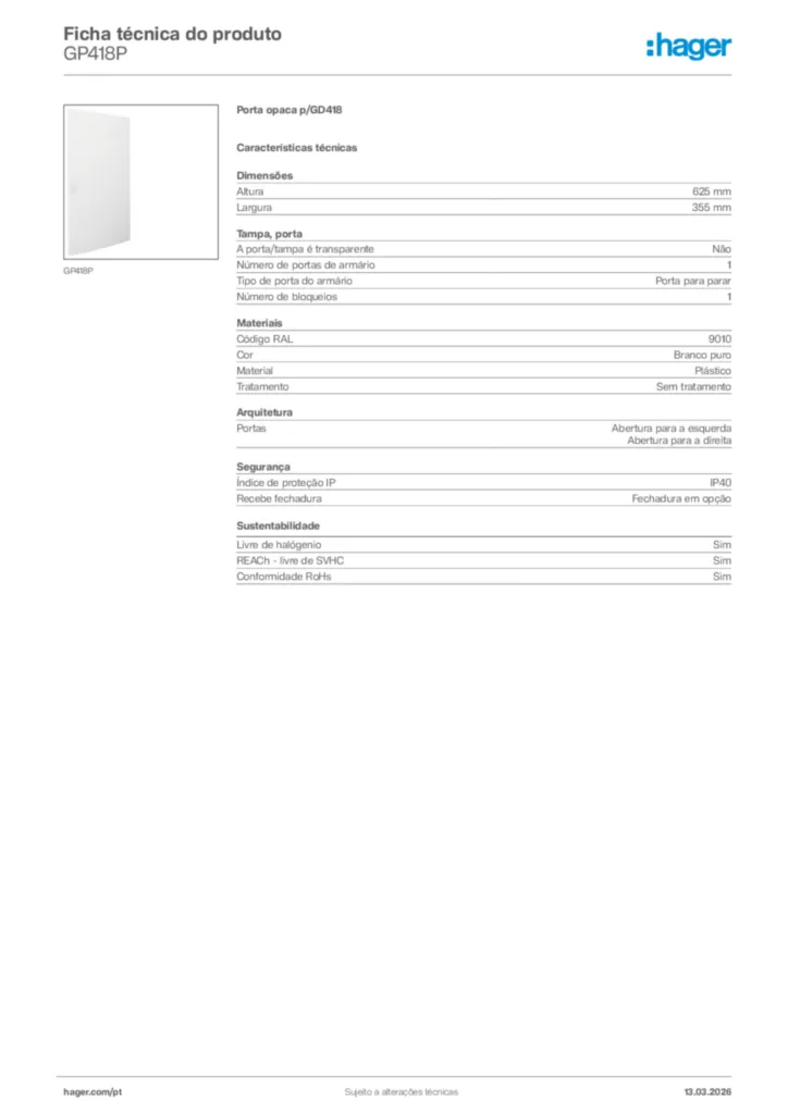 Imagem Hager Ficha técnica do produto GP418P | Hager Portugal