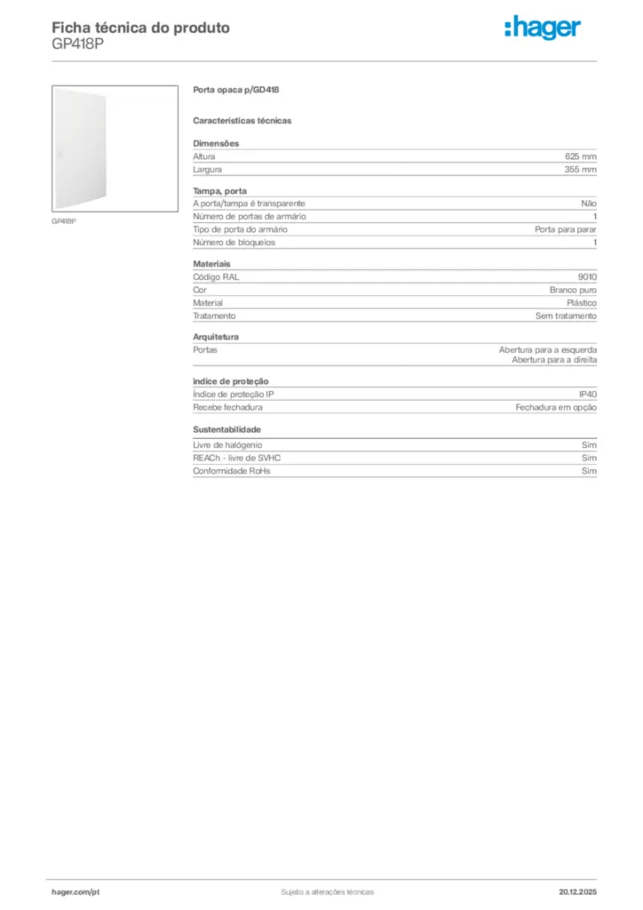 Imagem Hager Ficha técnica do produto GP418P | Hager Portugal
