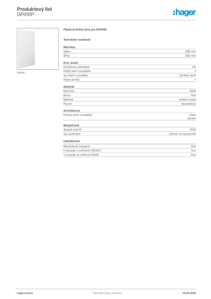 Obrázek Hager Product data sheet GP418P | Hager
