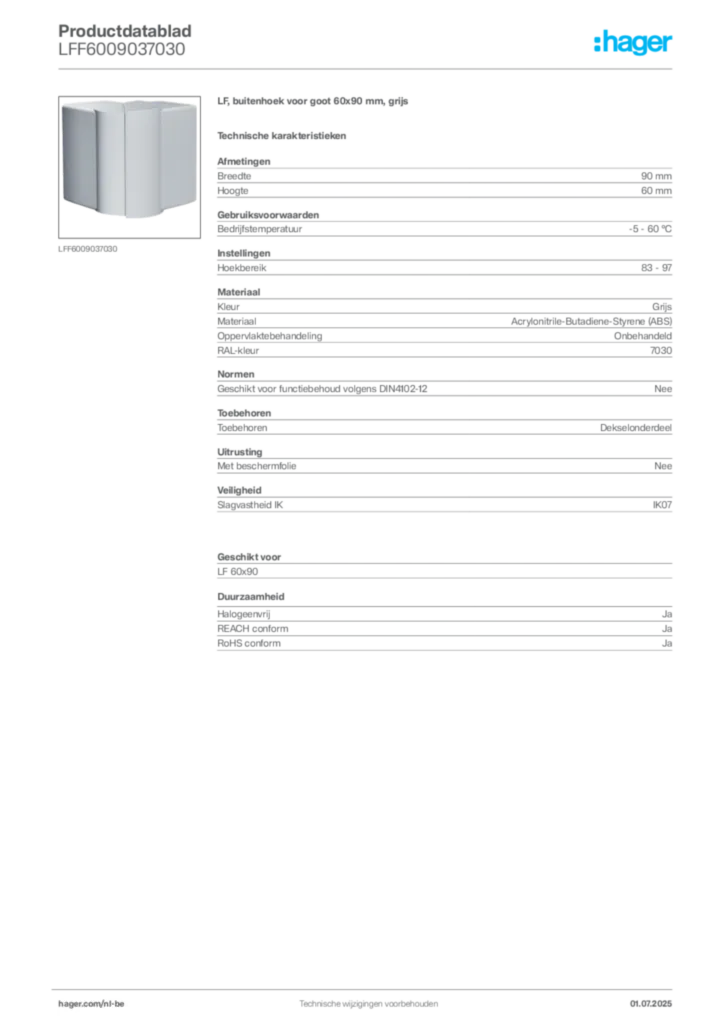 Afbeelding Hager Productdatablad LFF6009037030 | Hager Belgium