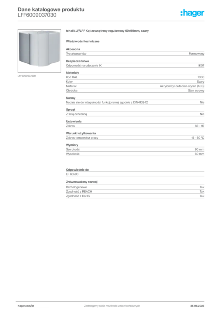 Zdjęcie Hager Karta katalogowa LFF6009037030 | Hager Polska