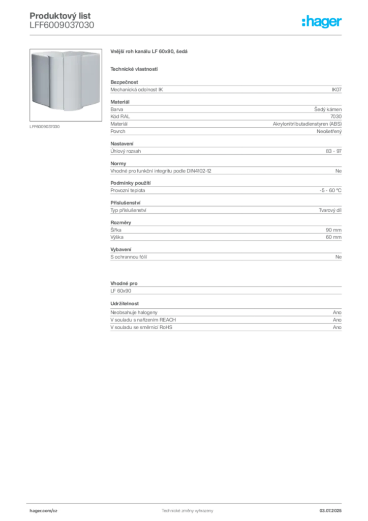 Obrázek Hager Produktový list LFF6009037030 | Hager
