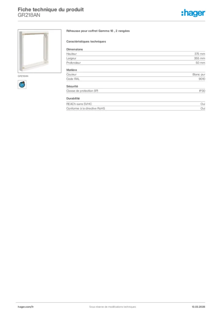 Image Hager Fiche technique du produit GR218AN | Hager France