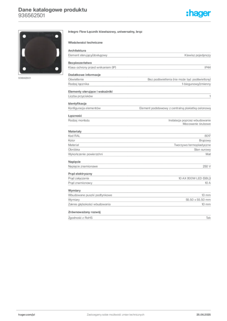 Zdjęcie Hager Karta katalogowa 936562501 | Hager Polska