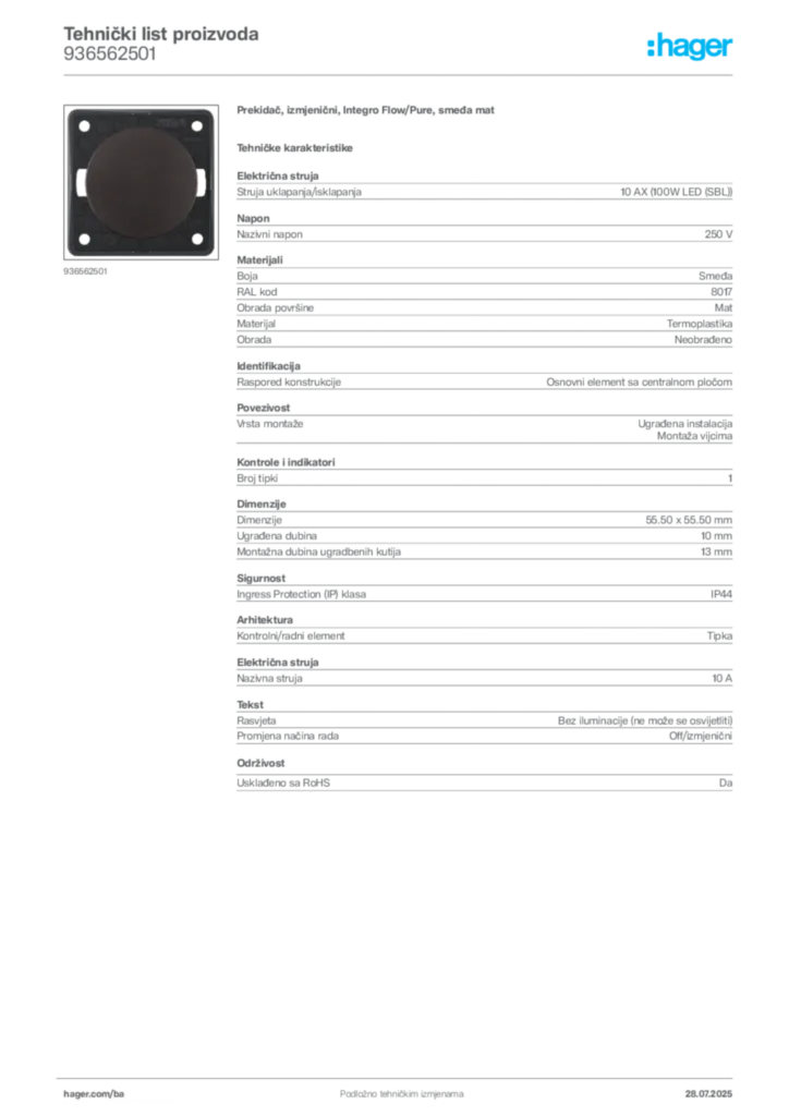 Slika Hager Product data sheet 936562501  | Hager