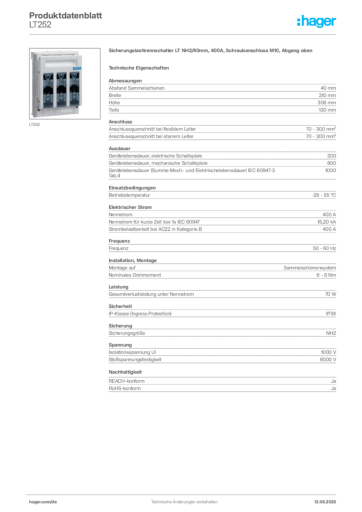 Bild Hager Produktdatenblatt LT252 | Hager Deutschland