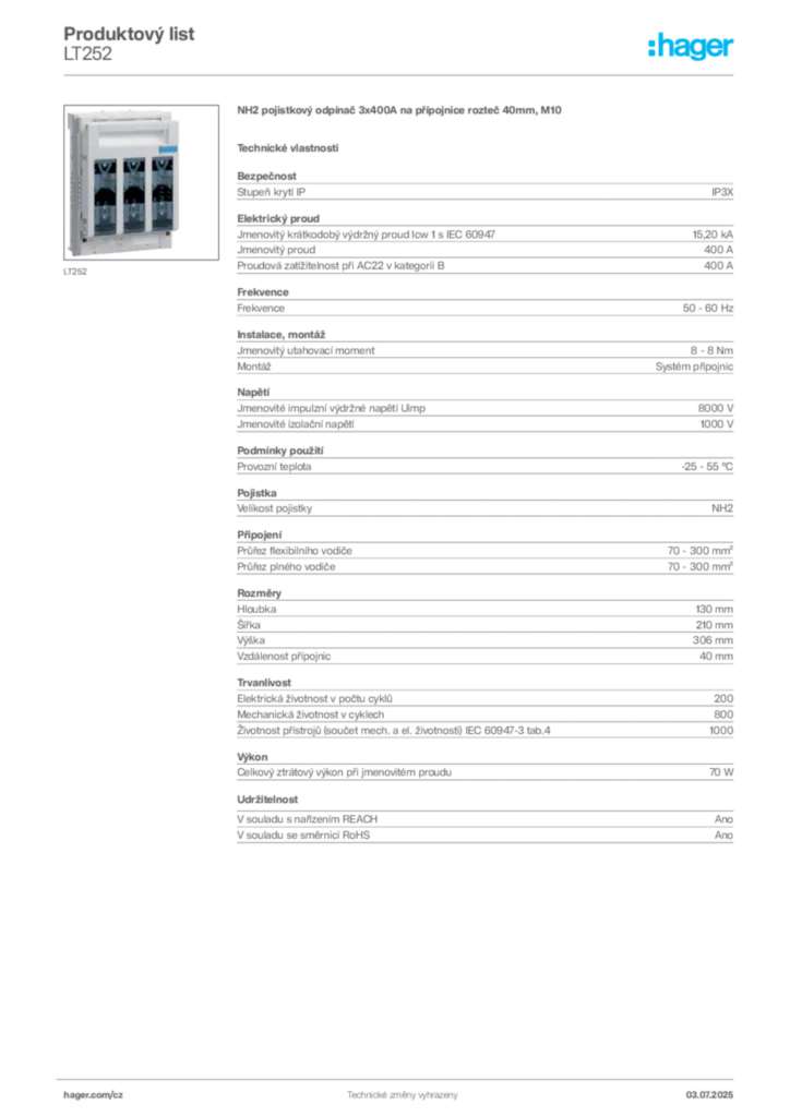 Obrázek Hager Produktový list LT252 | Hager