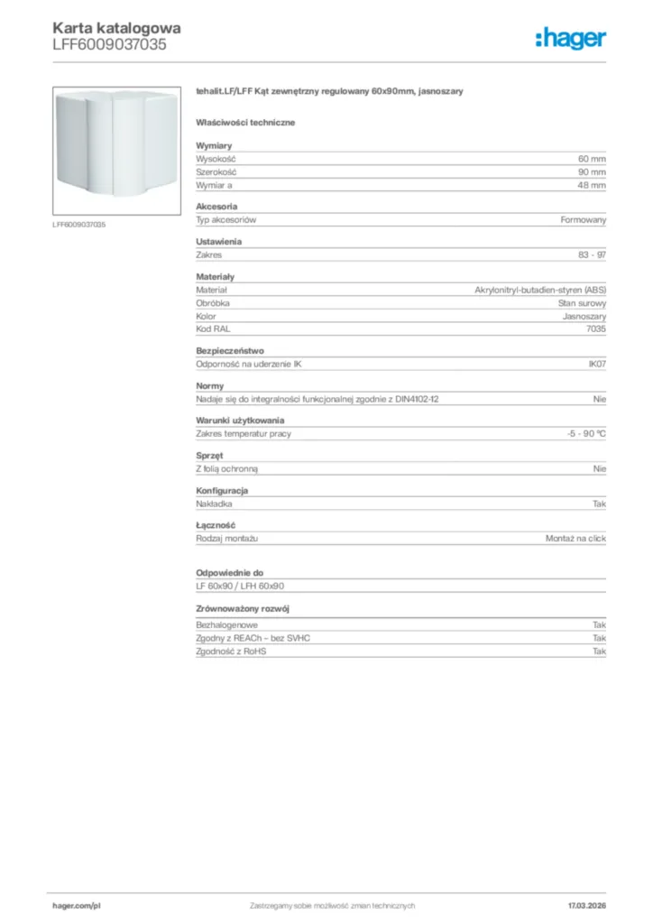 Zdjęcie Hager Karta katalogowa LFF6009037035 | Hager Polska