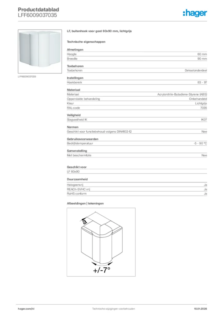 Afbeelding Hager Productdatablad LFF6009037035 | Hager Nederland