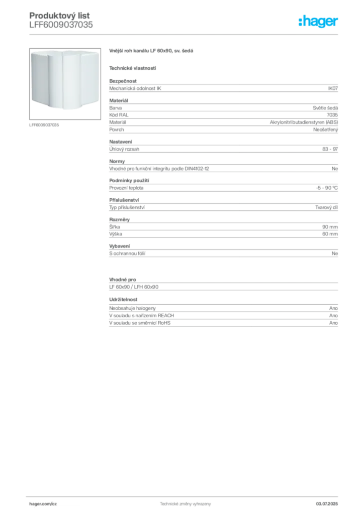 Obrázek Hager Produktový list LFF6009037035 | Hager