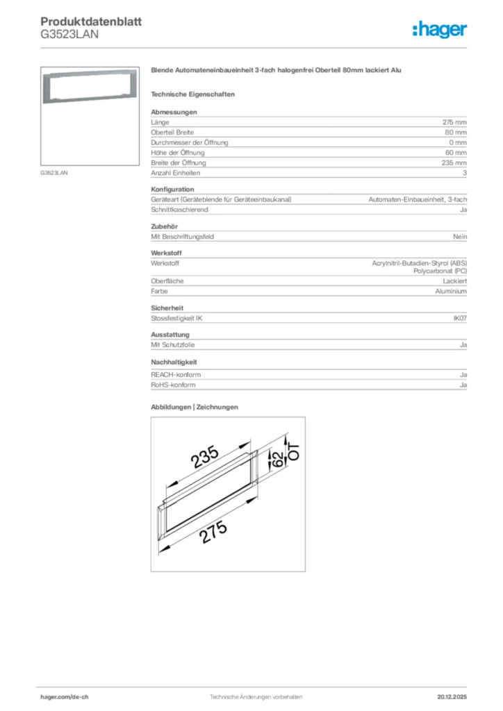 Bild Hager Produktdatenblatt G3523LAN | Hager Schweiz