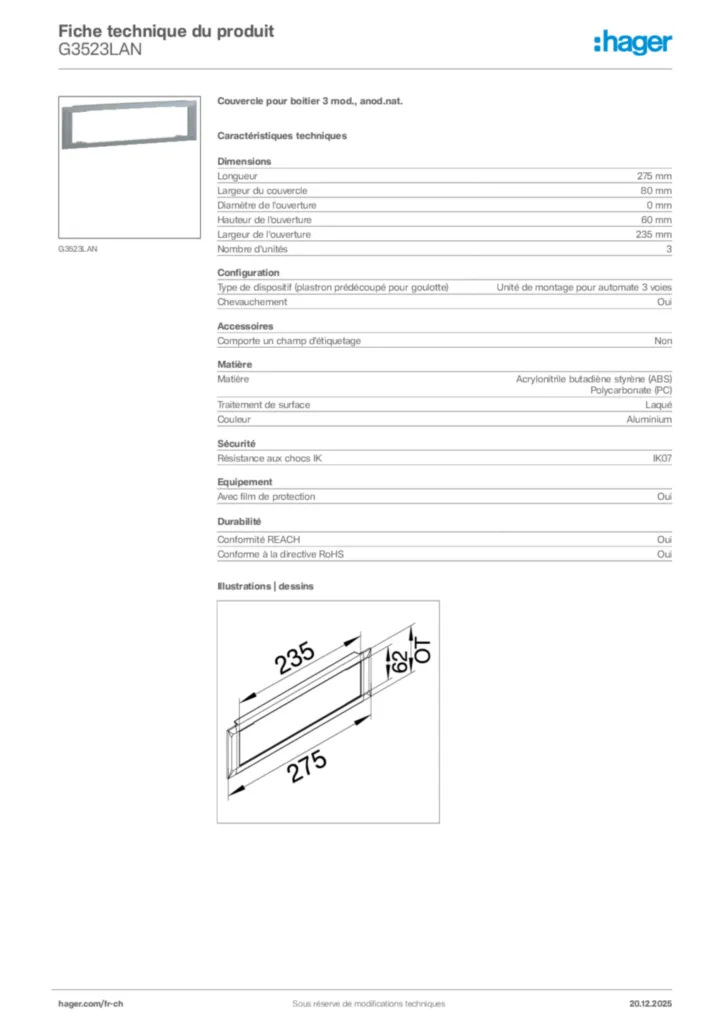 Image Hager Fiche technique du produit G3523LAN | Hager Suisse