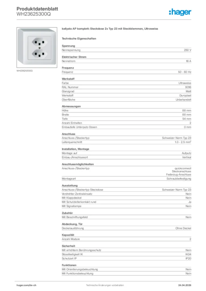 Bild Hager Produktdatenblatt WH23625300Q | Hager Schweiz