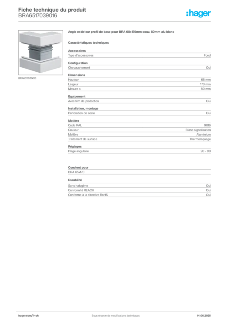 Image Hager Fiche technique du produit BRA6517039016 | Hager Suisse