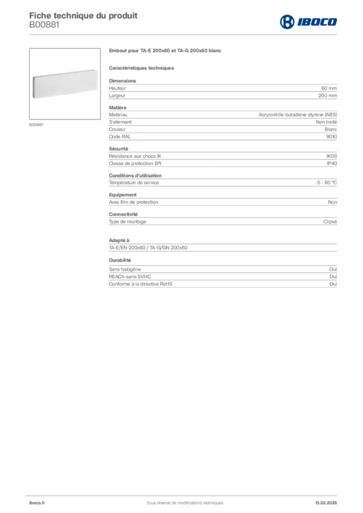 Image Iboco Fiche technique du produit B00881 | Hager France