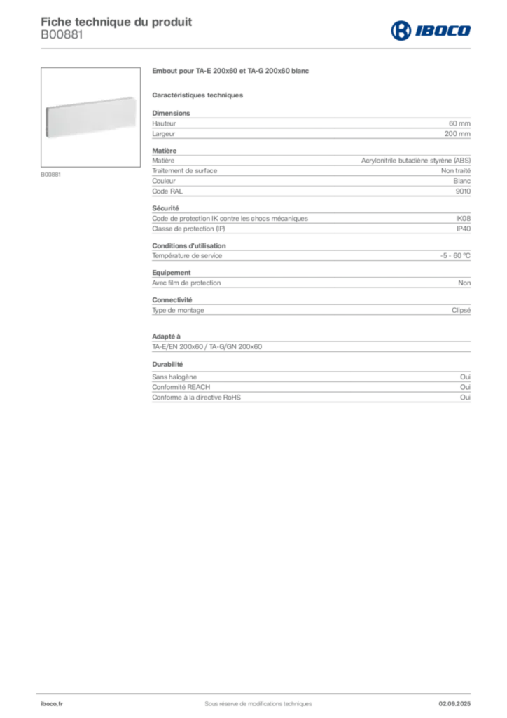 Image Iboco Fiche technique du produit B00881 | Hager France