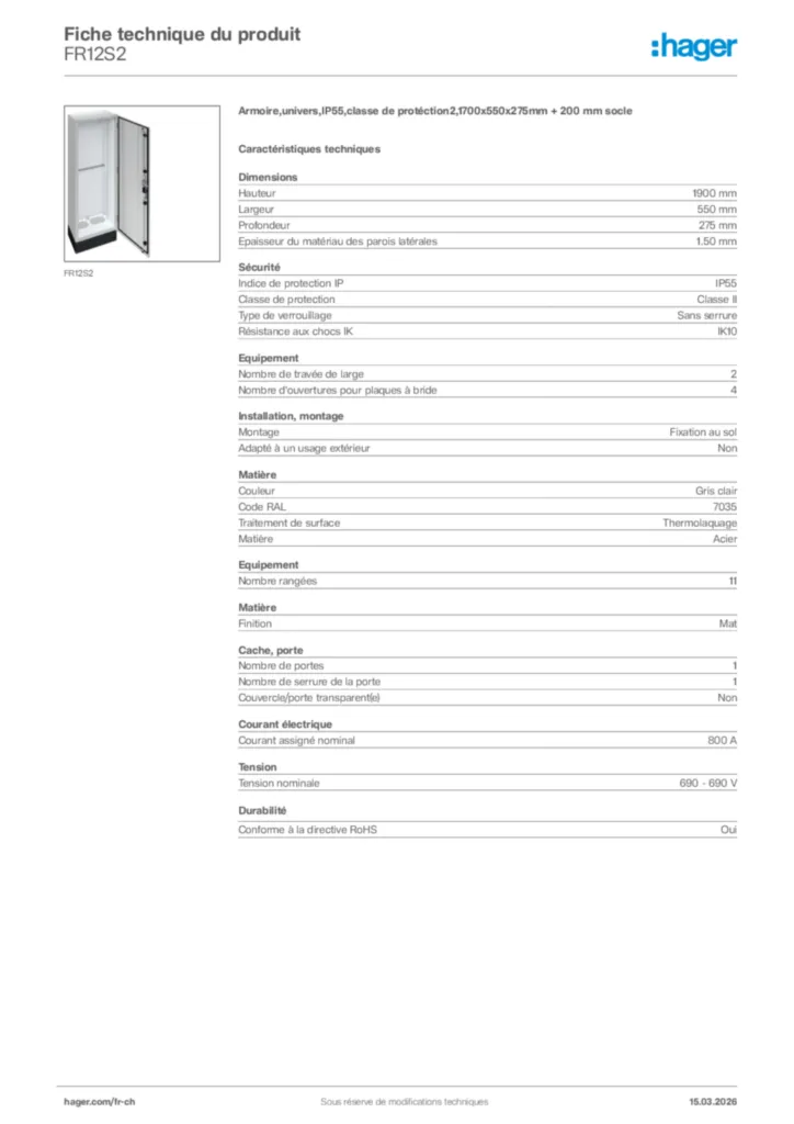 Image Hager Fiche technique du produit FR12S2 | Hager Suisse