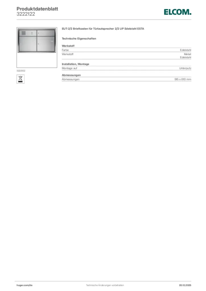 Bild Elcom Produktdatenblatt 3222122 | Hager Deutschland