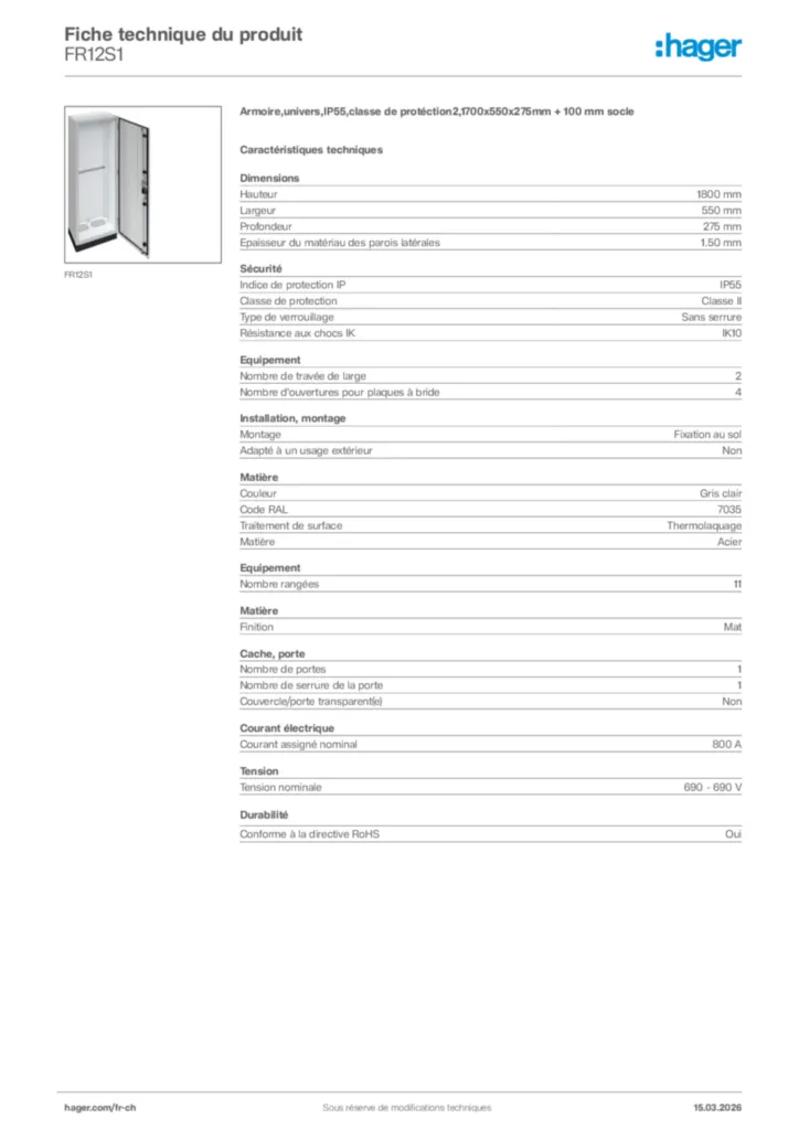 Image Hager Fiche technique du produit FR12S1 | Hager Suisse
