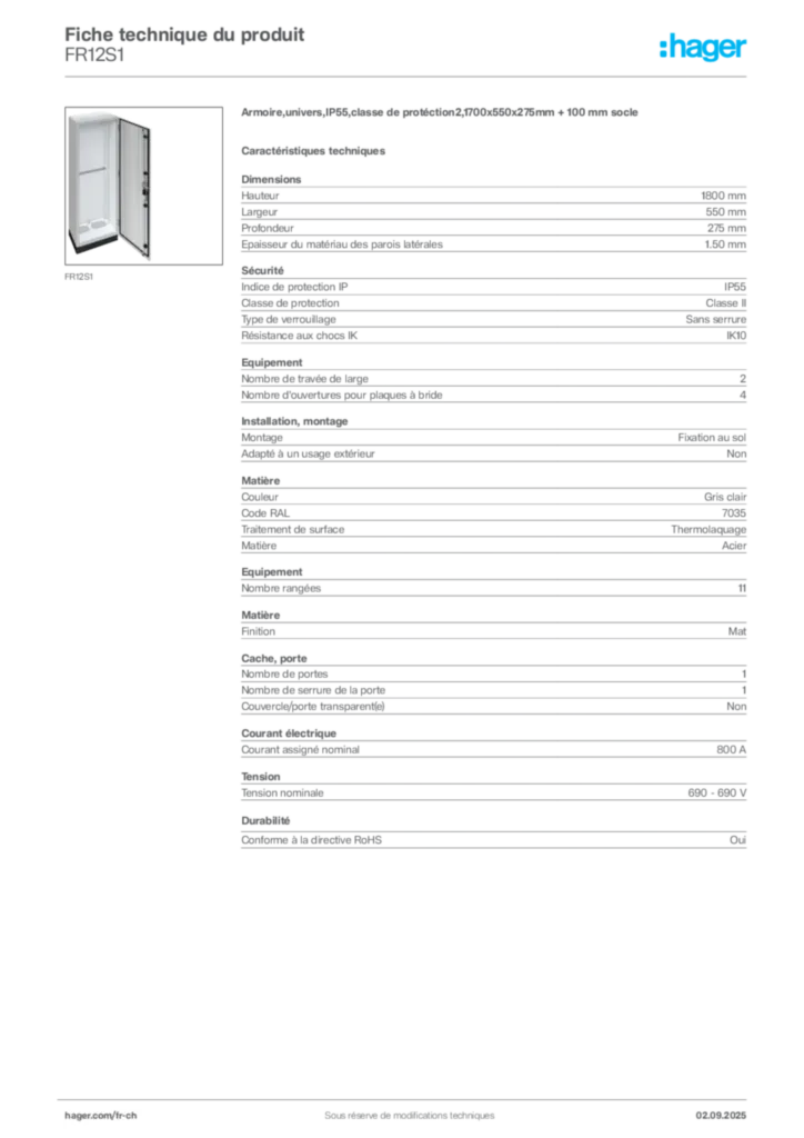 Image Hager Fiche technique du produit FR12S1 | Hager Suisse