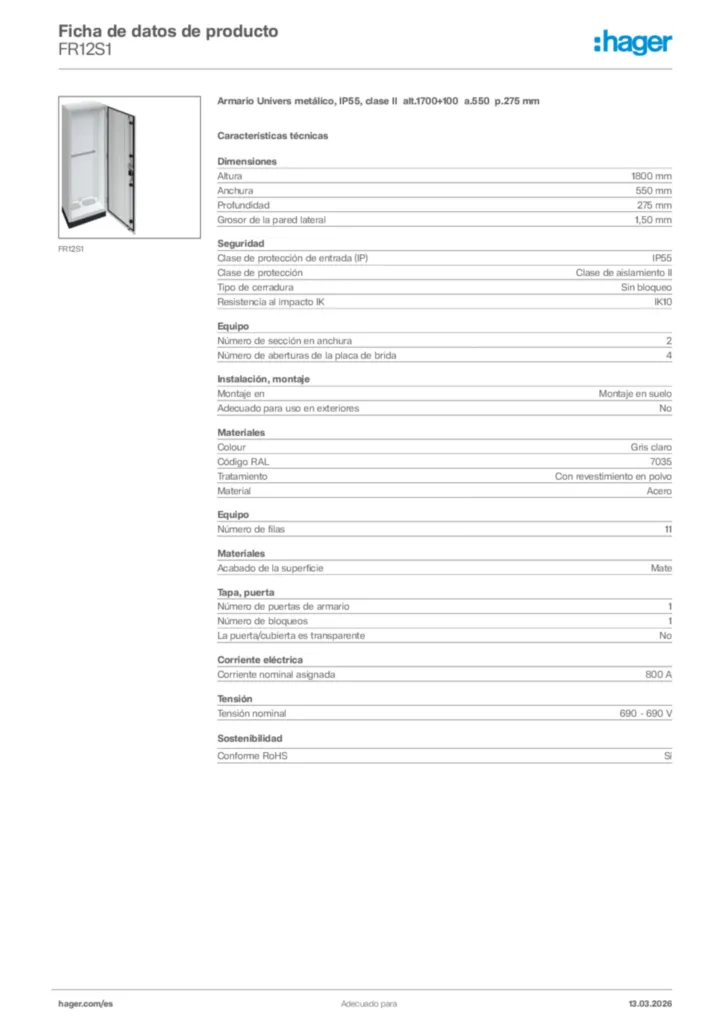 Imagen Hager Ficha de datos de producto FR12S1 | Hager España