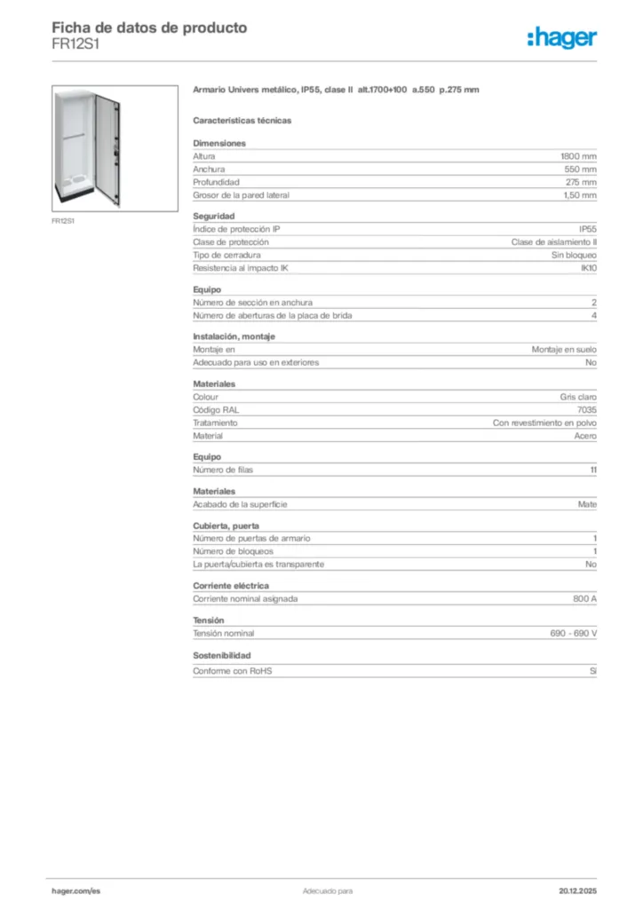 Imagen Hager Ficha de datos de producto FR12S1 | Hager España