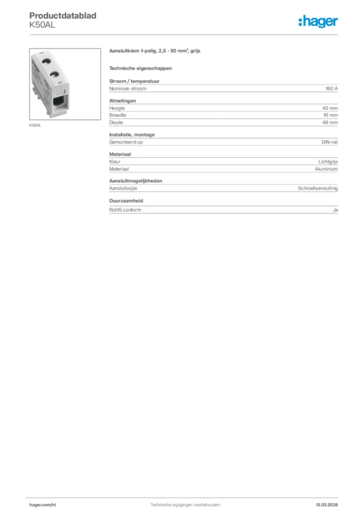Afbeelding Hager Productdatablad K50AL | Hager Nederland