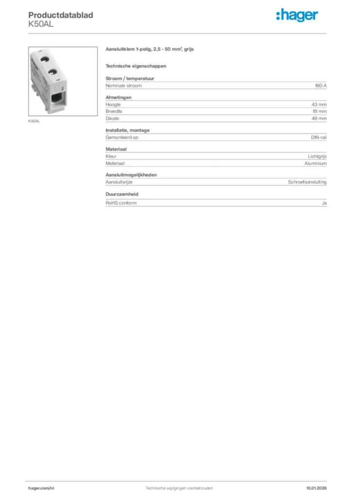 Afbeelding Hager Productdatablad K50AL | Hager Nederland