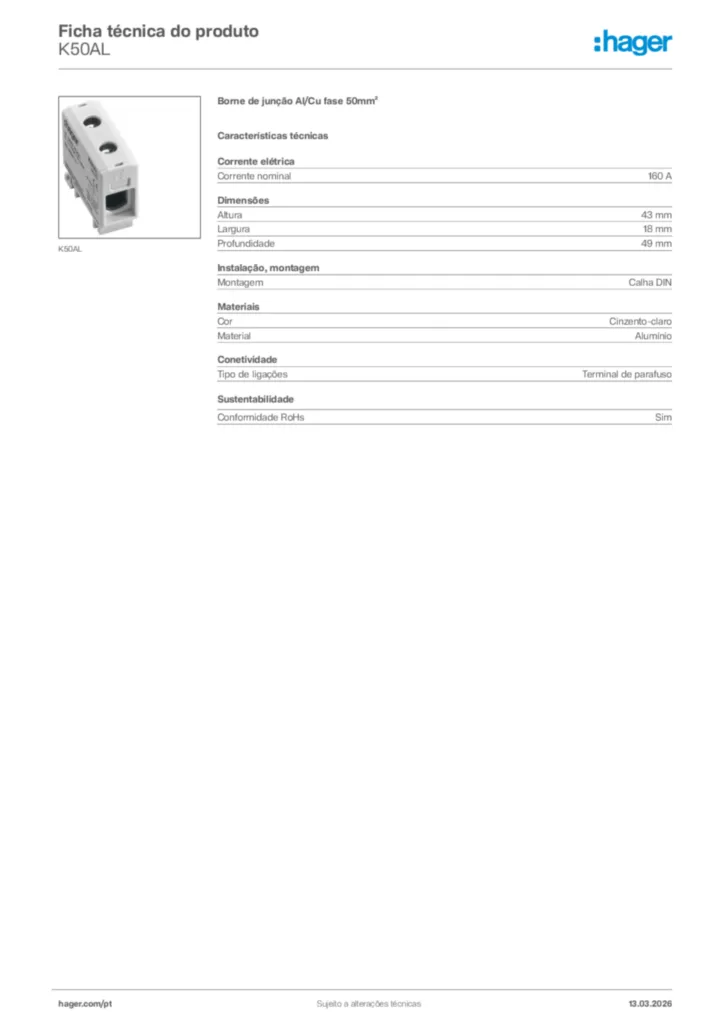 Imagem Hager Ficha técnica do produto K50AL | Hager Portugal