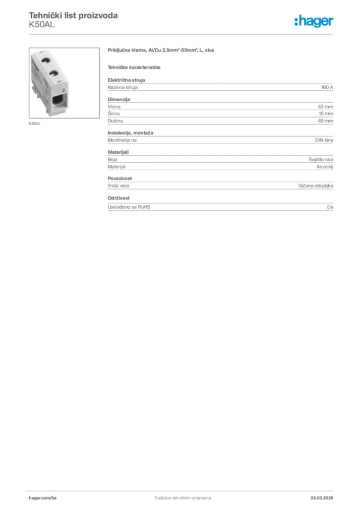 Slika Hager Tehnički list proizvoda K50AL  | Hager