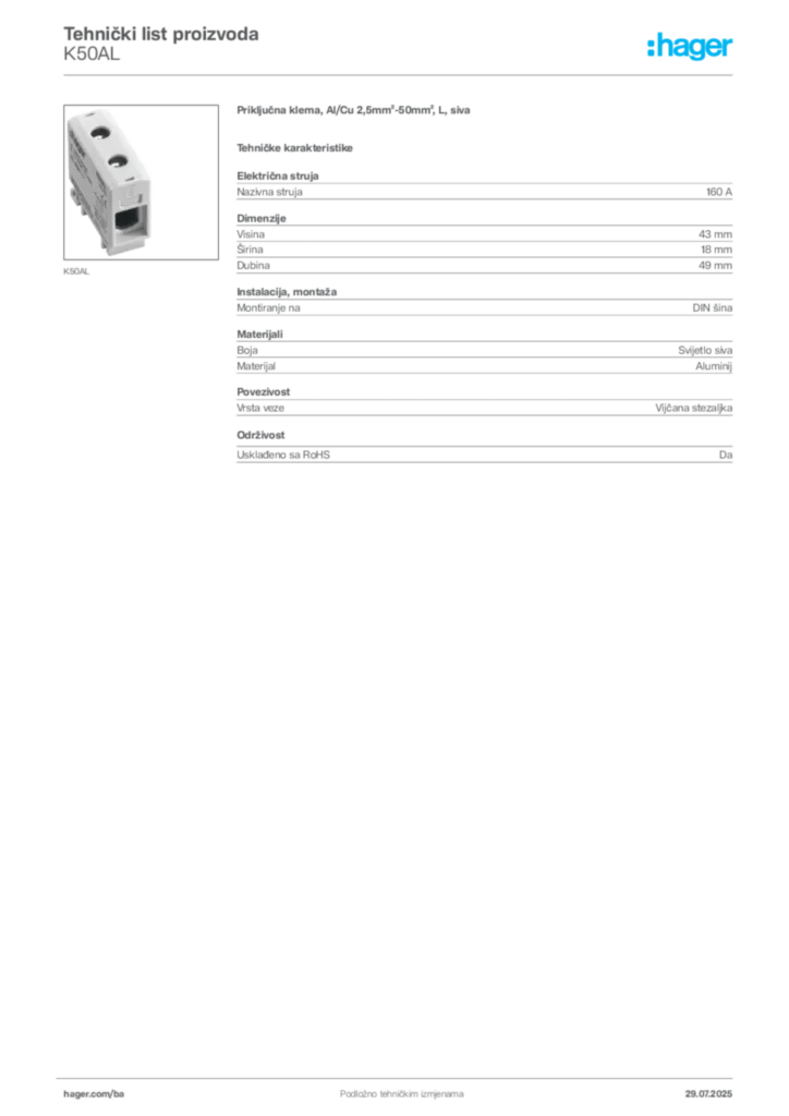 Slika Hager Product data sheet K50AL  | Hager