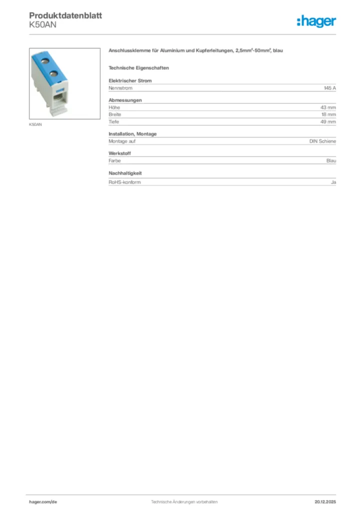 Bild Hager Produktdatenblatt K50AN | Hager Deutschland